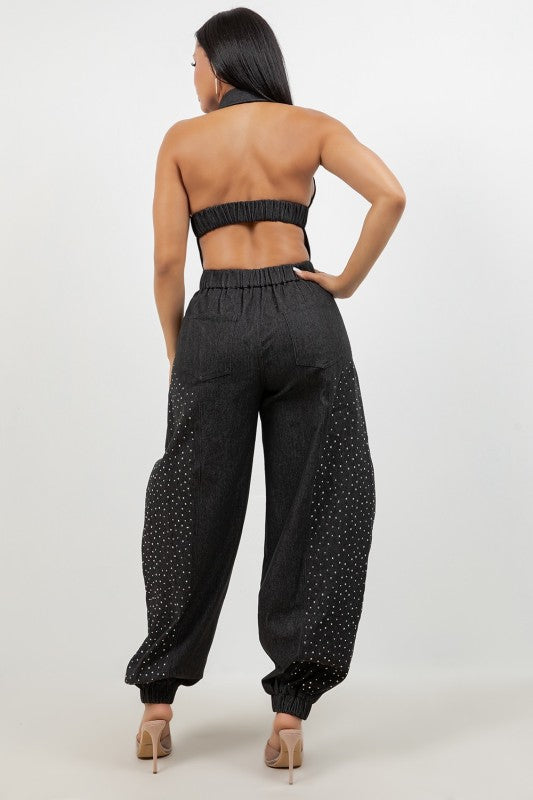 Denim Jumpsuit Details Rhinestone Denim Blue ๐ OR Denim Black ๐ค