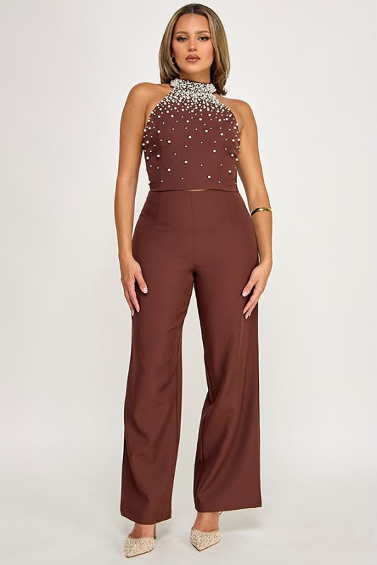 Halter Pant Set Pearl Details Brown 🤎 OR Black 🖤