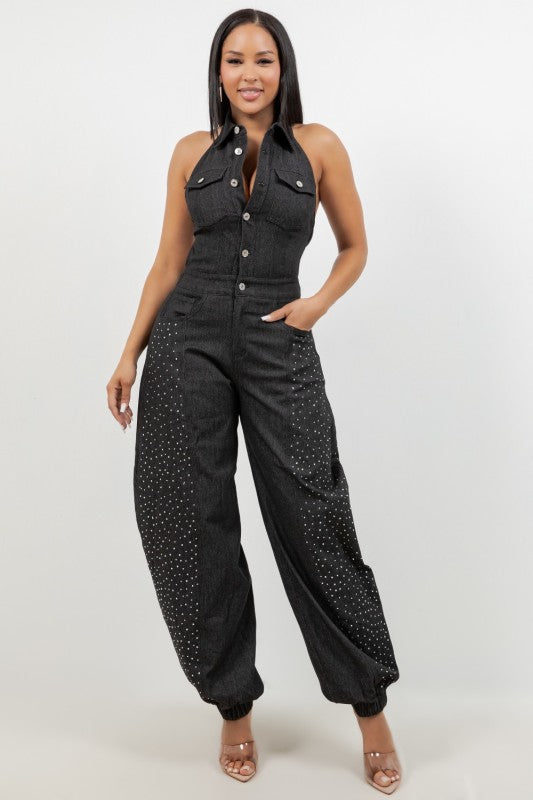 Denim Jumpsuit Details Rhinestone  Denim Blue 💙 OR Denim Black 🖤