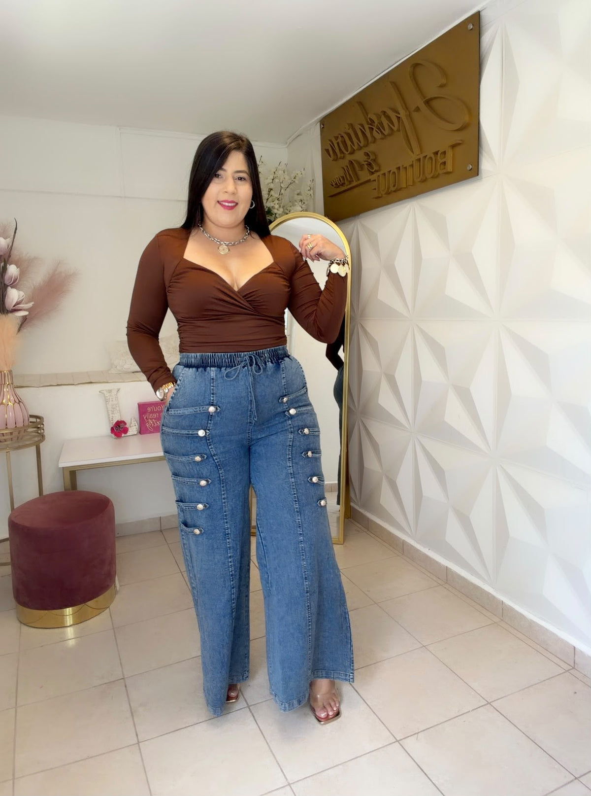 High Waisted Wide Leg Military Denim Pants