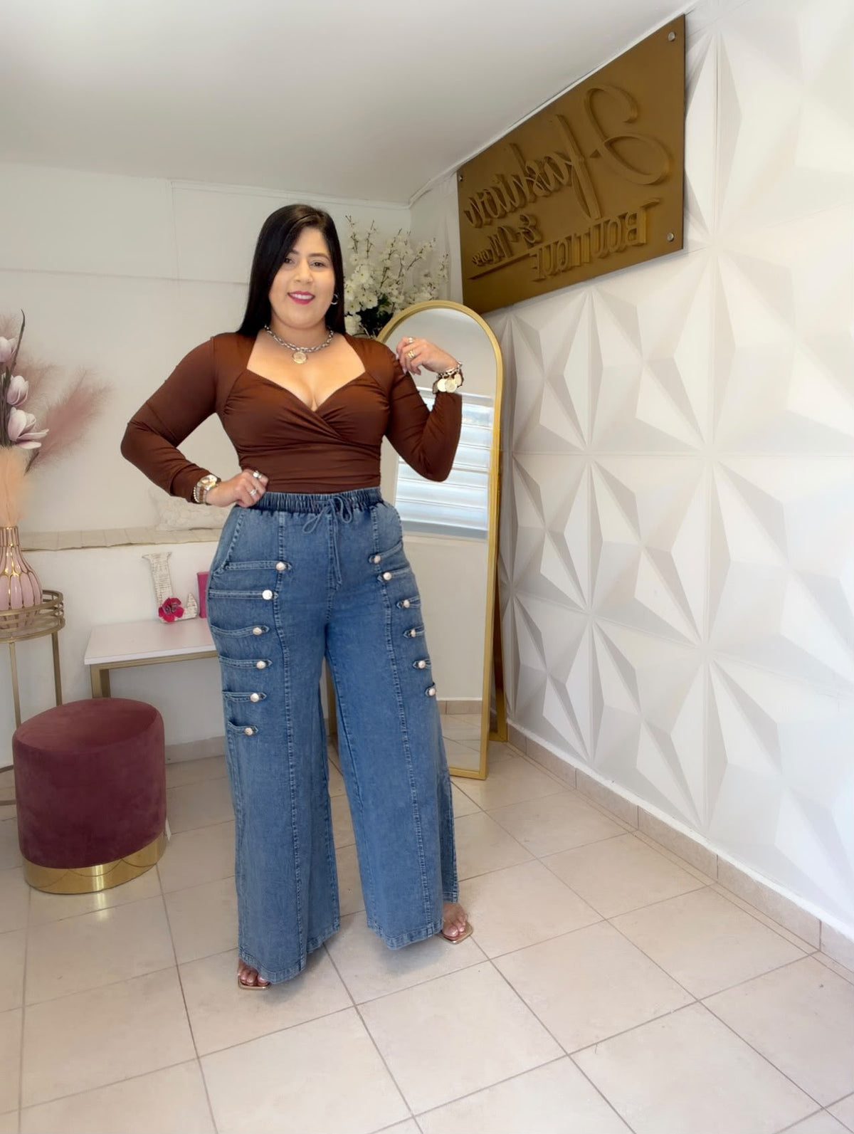 High Waisted Wide Leg Military Denim Pants