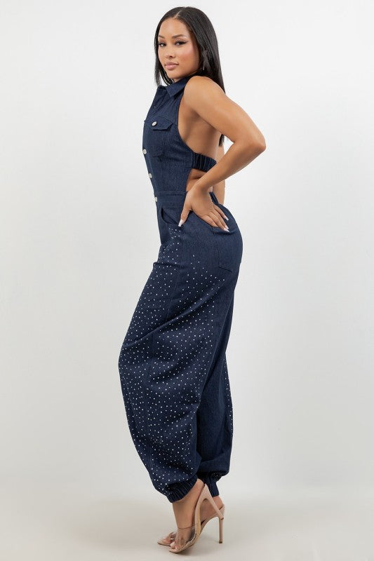 Denim Jumpsuit Details Rhinestone  Denim Blue 💙 OR Denim Black 🖤