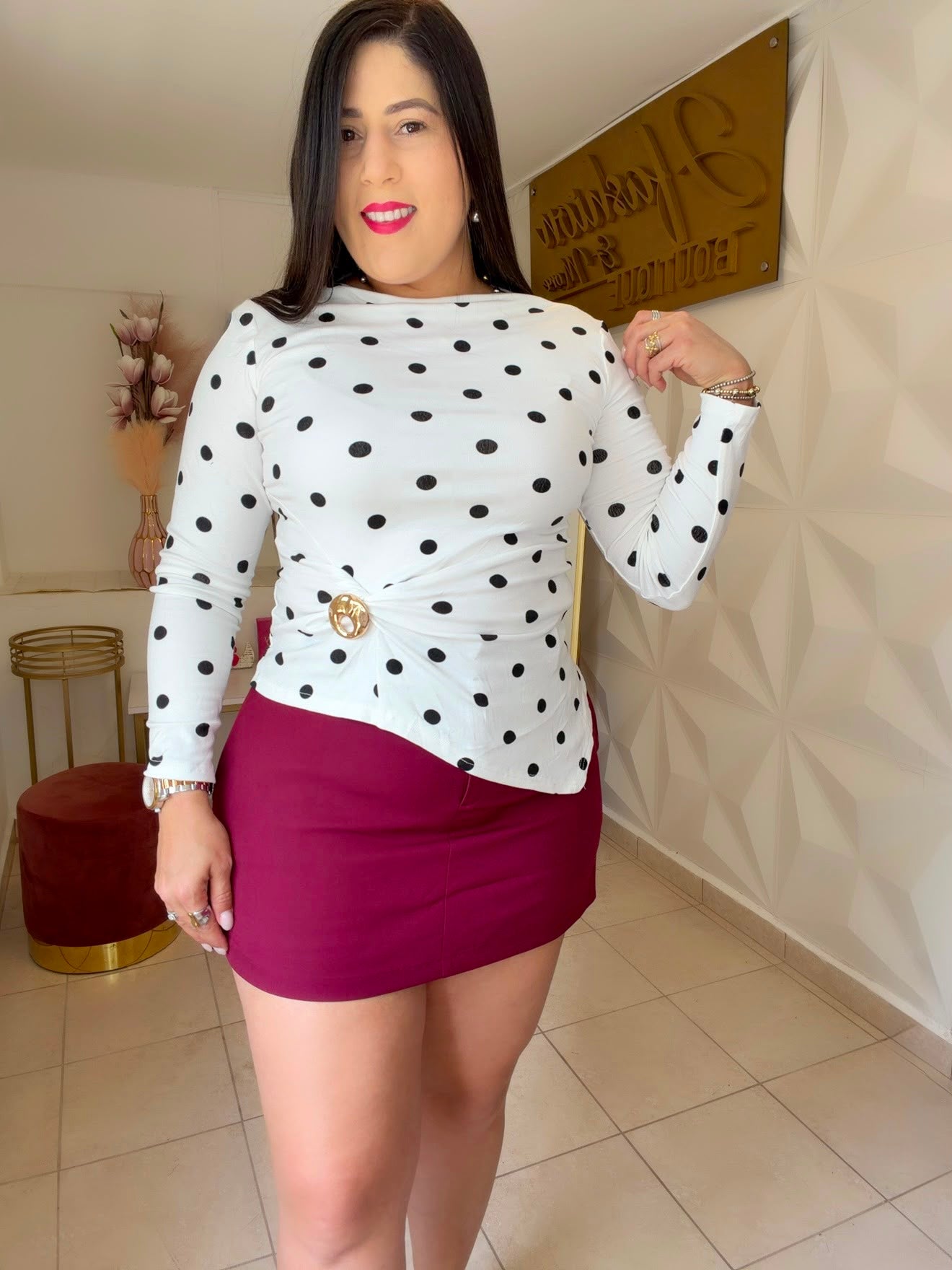 Top White Polka Dots Black