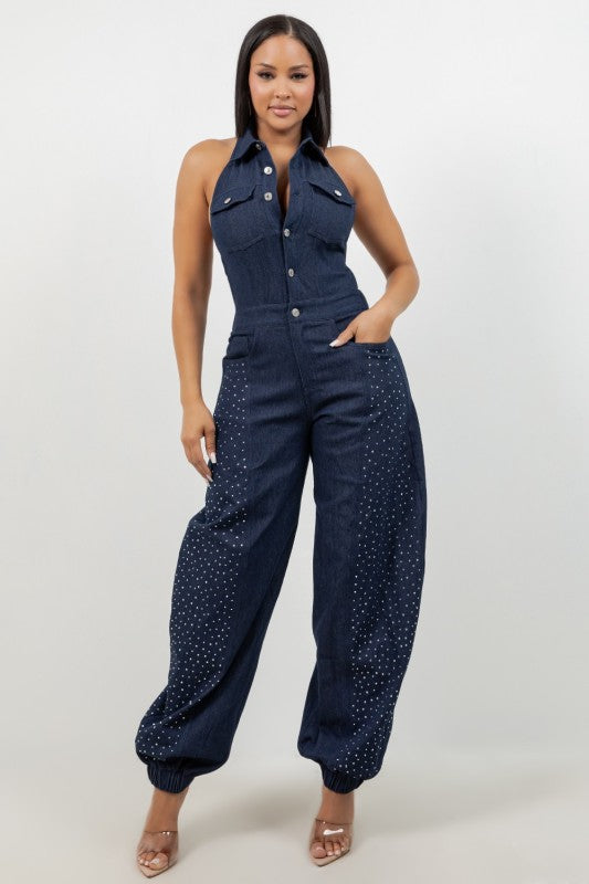 Denim Jumpsuit Details Rhinestone  Denim Blue 💙 OR Denim Black 🖤