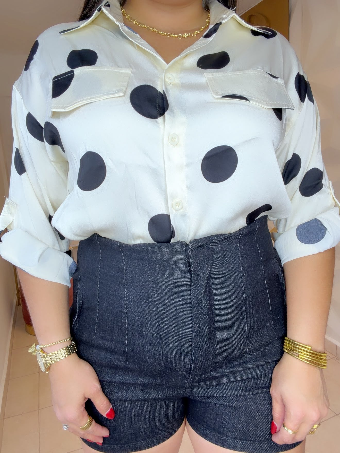 Pastel Blouse Polka dots Cream and  Black