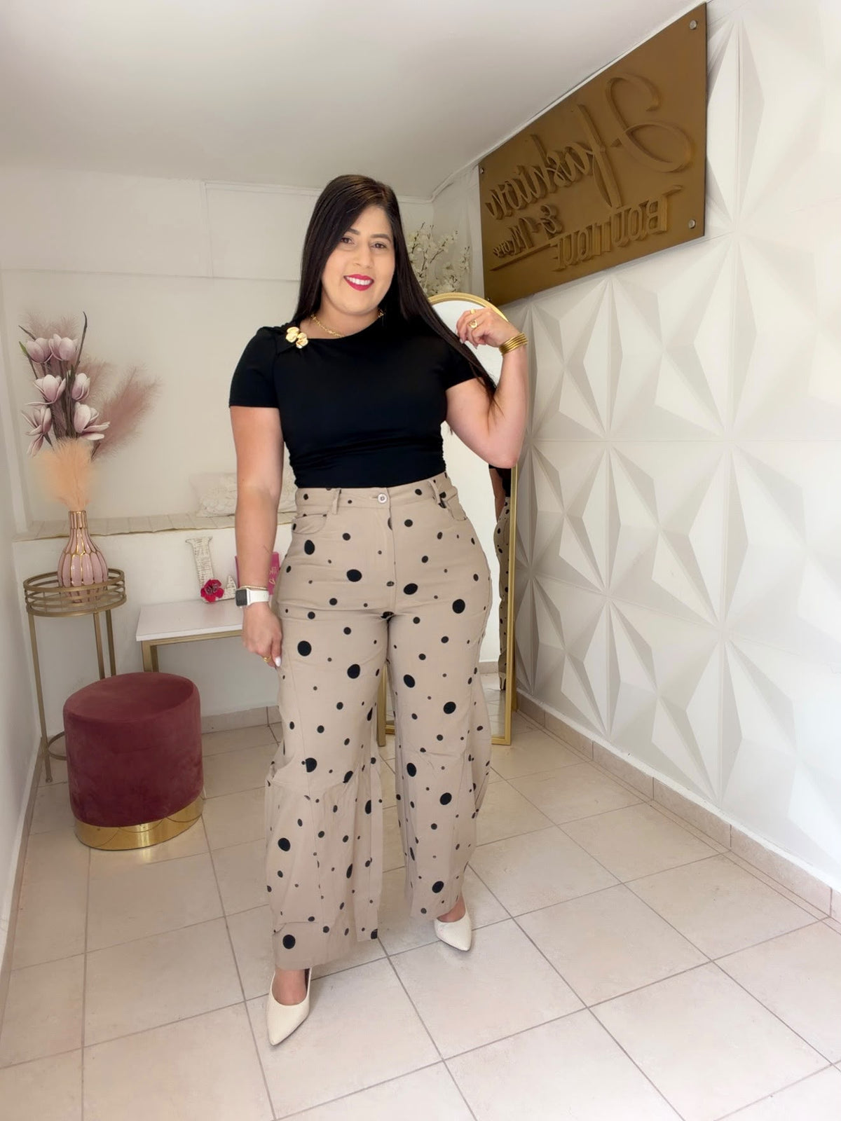 Barrel Pants Polka Dots Taupe and Black