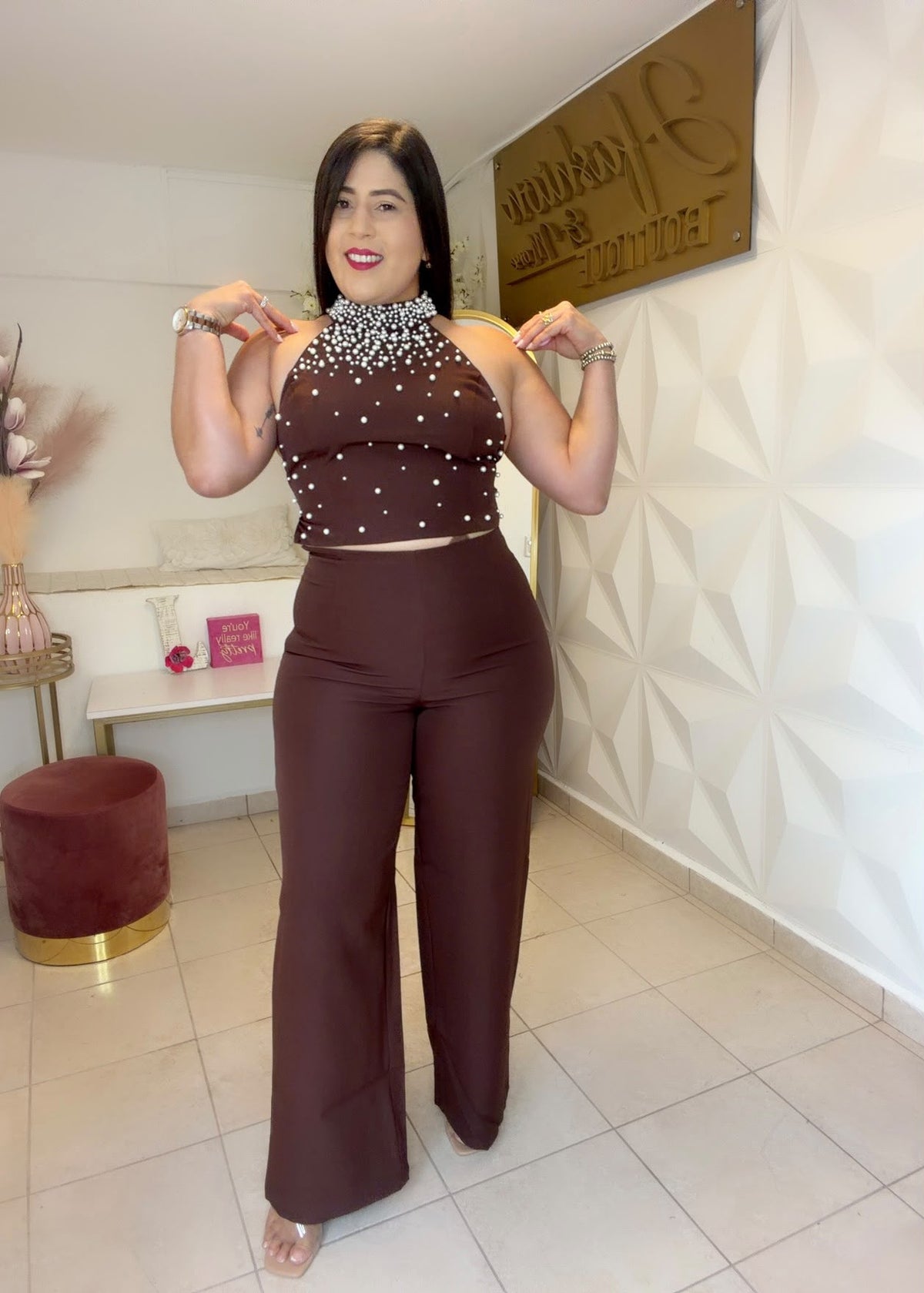 Halter Pant Set Pearl Details  Brown 🤎 OR  Black 🖤