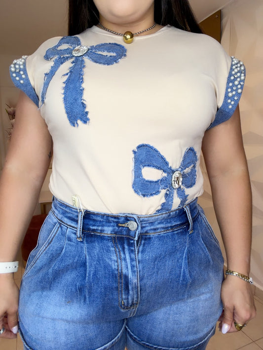 Pastel Blouse Beige and Denim Details 🎀