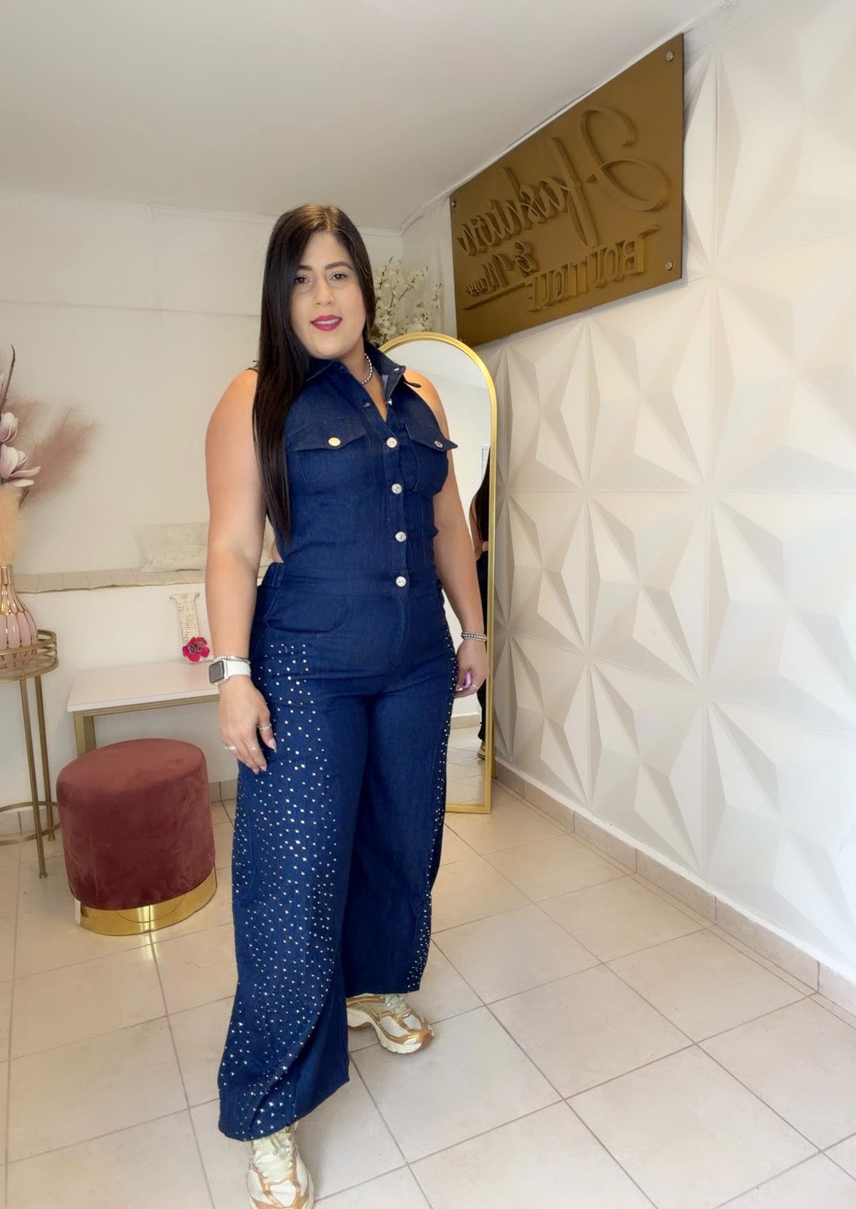 Denim Jumpsuit Details Rhinestone  Denim Blue 💙 OR Denim Black 🖤