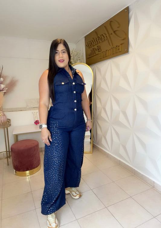Denim Jumpsuit Details Rhinestone  Denim Blue 💙 OR Denim Black 🖤