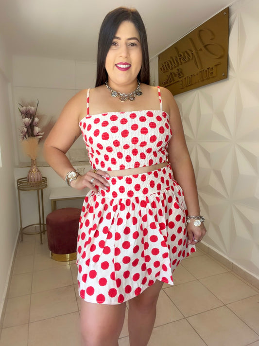 Polka Dot Smocked Top With Matching Mini Skirt
