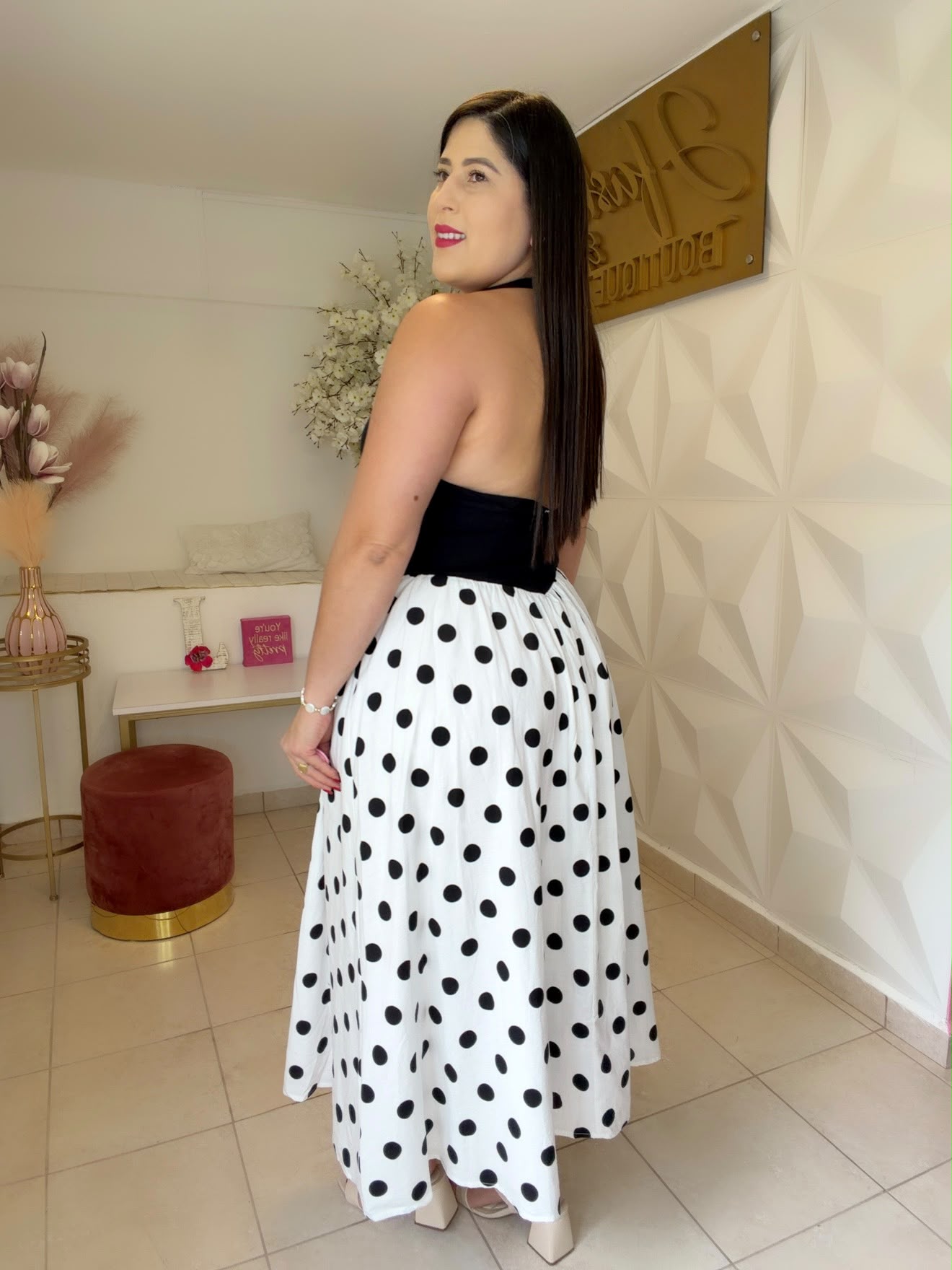 POLKA DOT SOLID HALTER MIDI DRESS