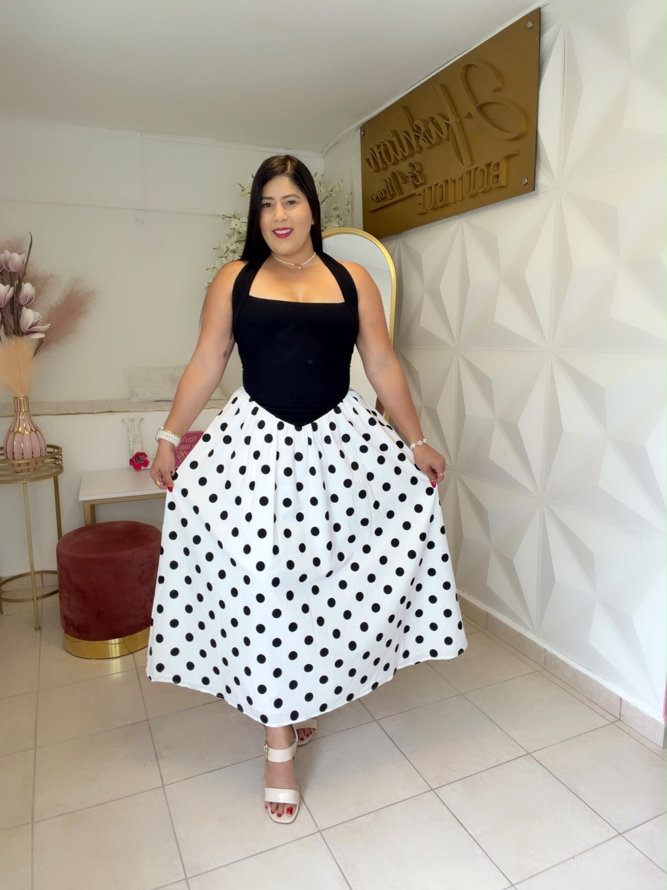 POLKA DOT SOLID HALTER MIDI DRESS