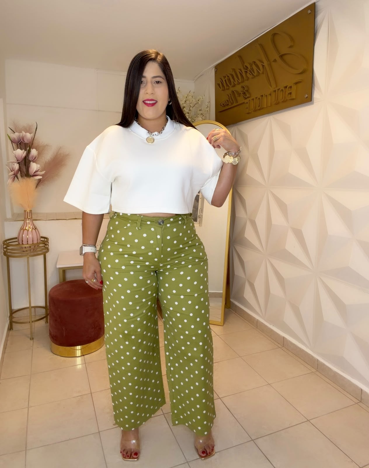 Barrel 𝗛𝗶𝗴𝗵 𝘄𝗮𝗶𝘀𝘁 Pants polka dots Green 💚