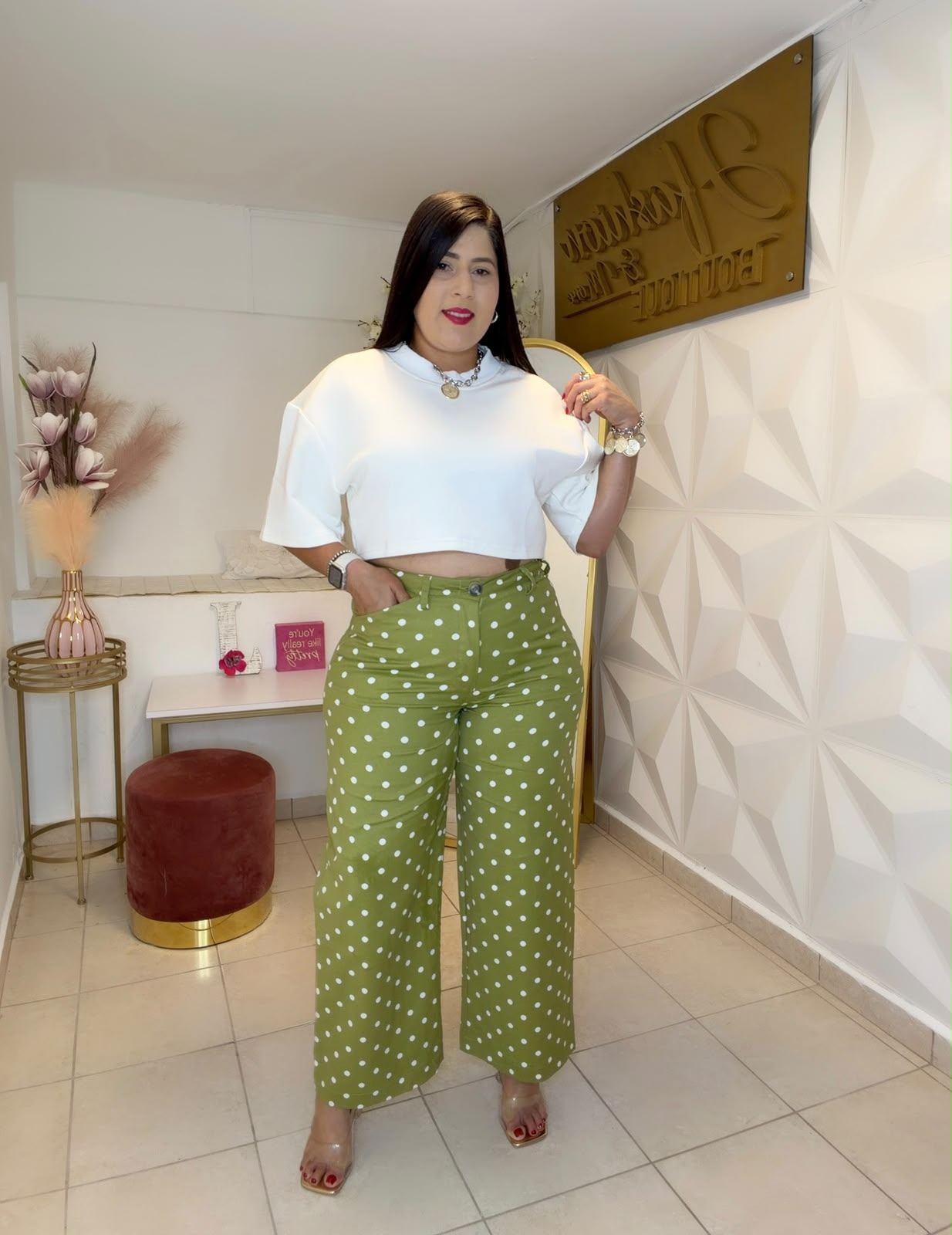 Barrel 𝗛𝗶𝗴𝗵 𝘄𝗮𝗶𝘀𝘁 Pants polka dots Green 💚
