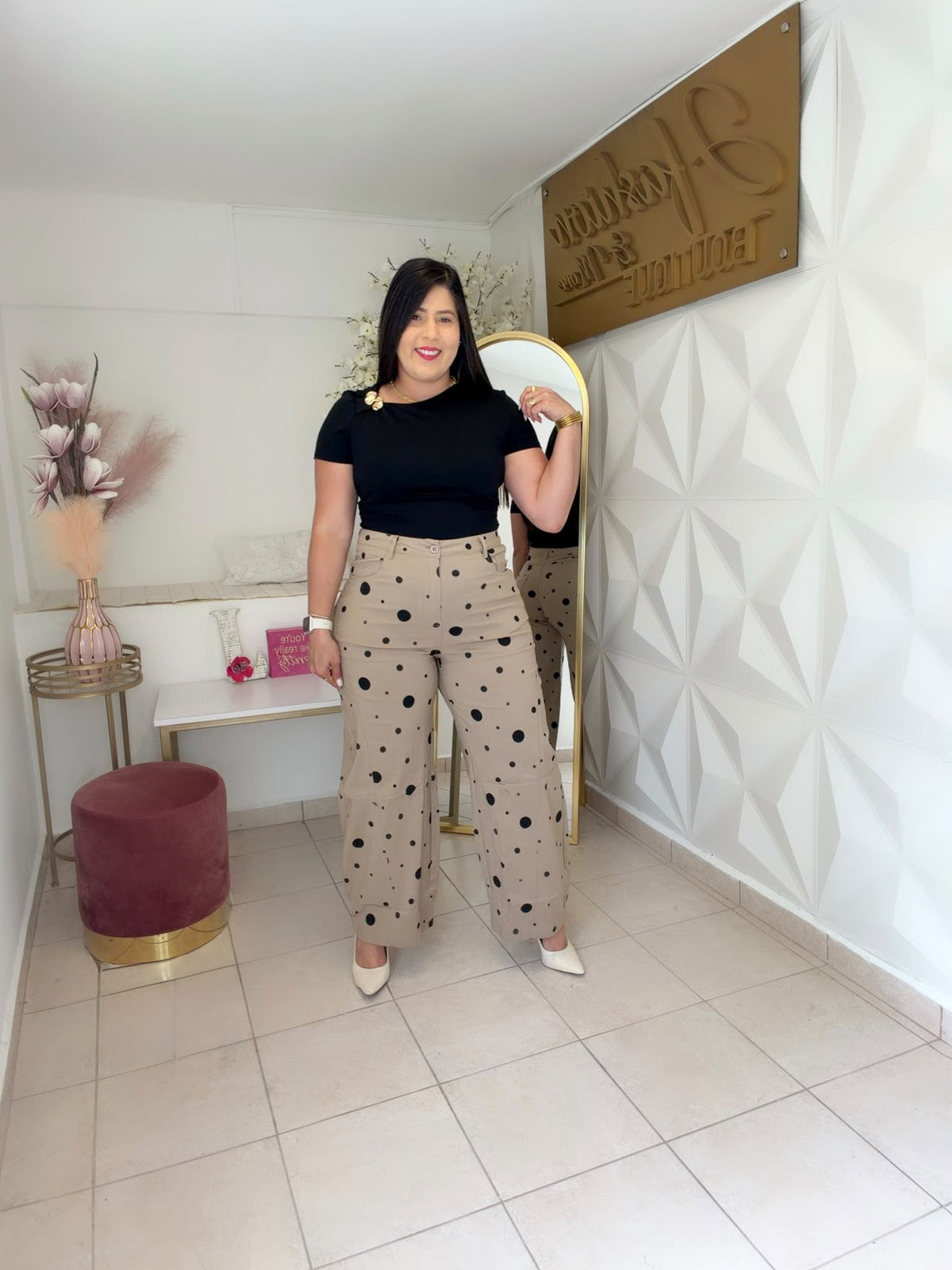 Barrel Pants Polka Dots Taupe and Black