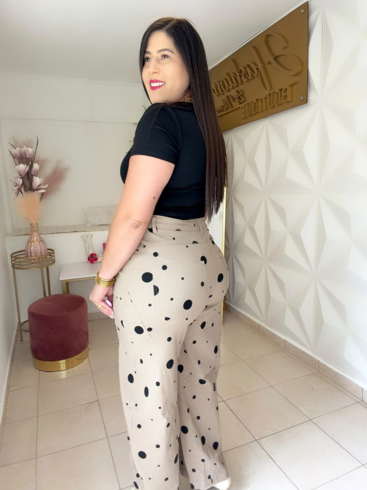 Barrel Pants Polka Dots Taupe and Black