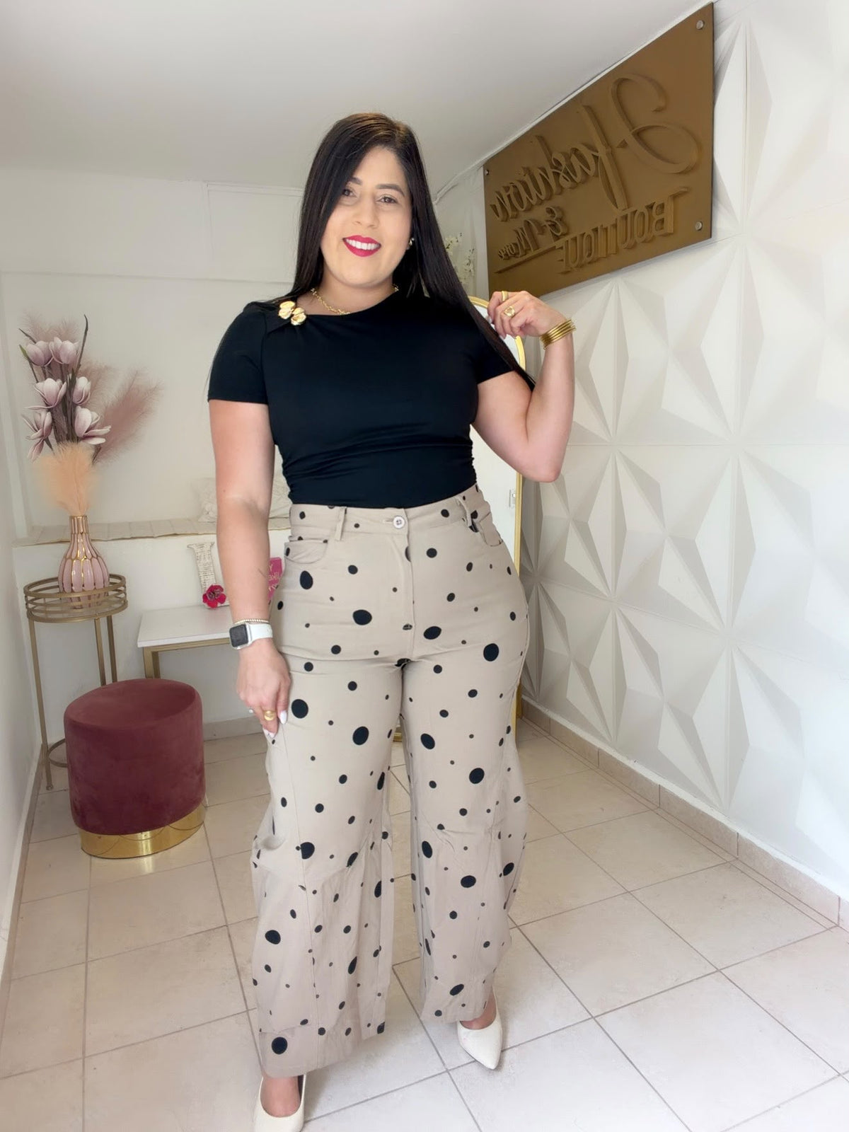 Barrel Pants Polka Dots Taupe and Black