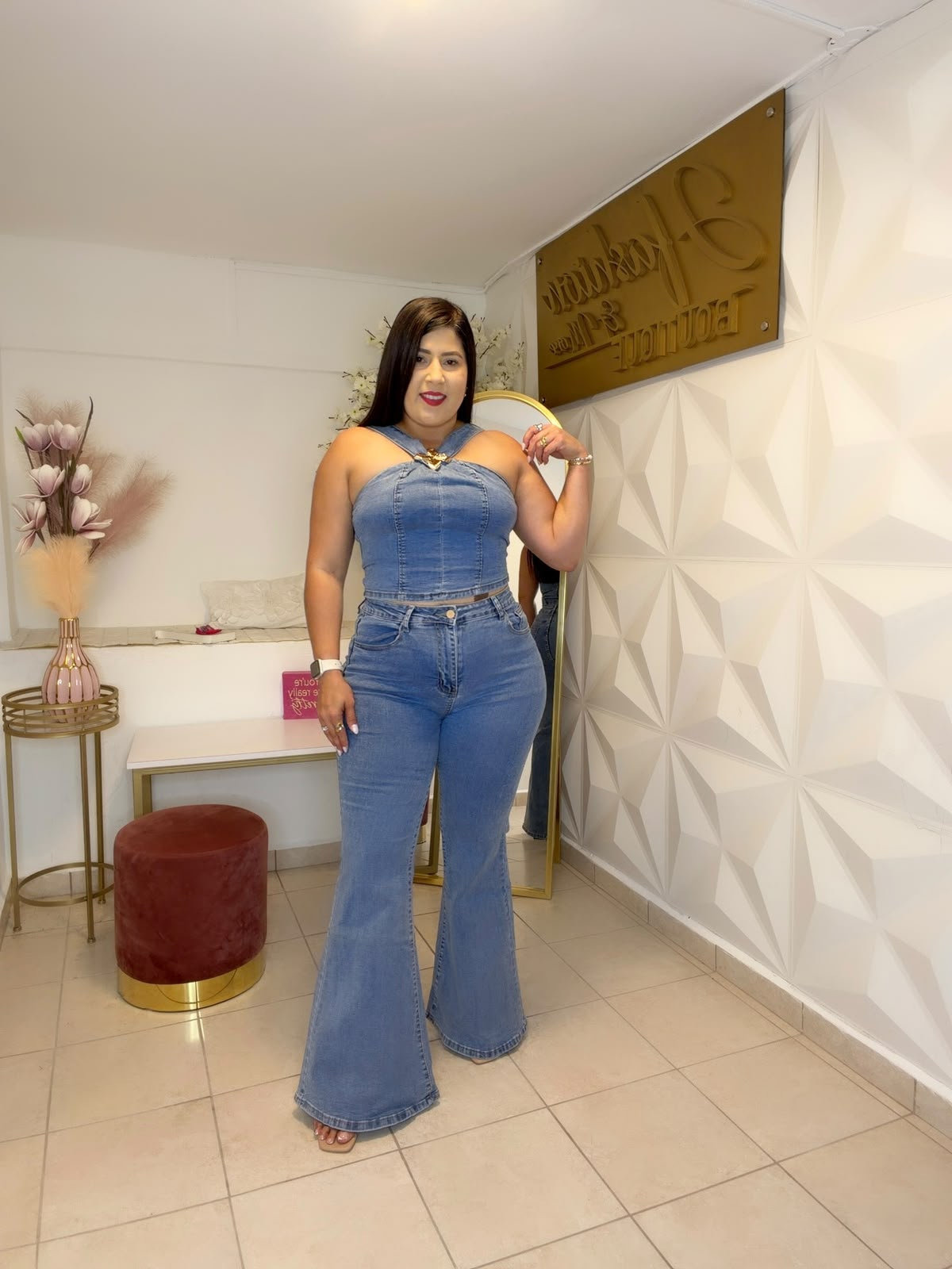 Denim Set Details Gold Flower