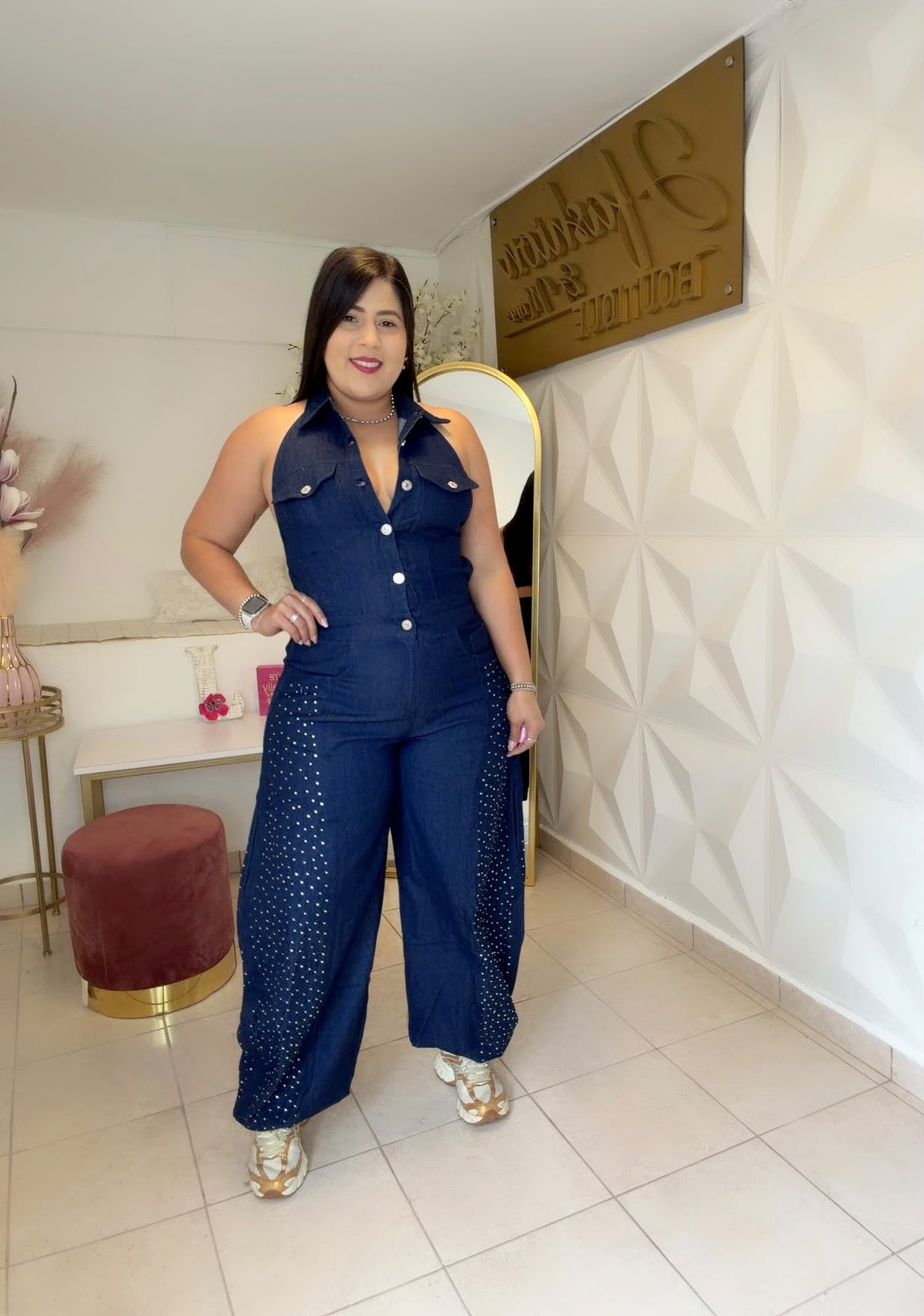 Denim Jumpsuit Details Rhinestone  Denim Blue 💙 OR Denim Black 🖤
