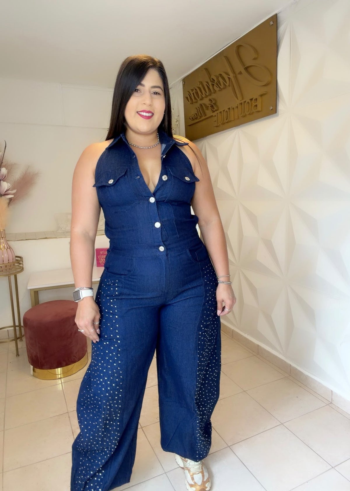 Denim Jumpsuit Details Rhinestone  Denim Blue 💙 OR Denim Black 🖤