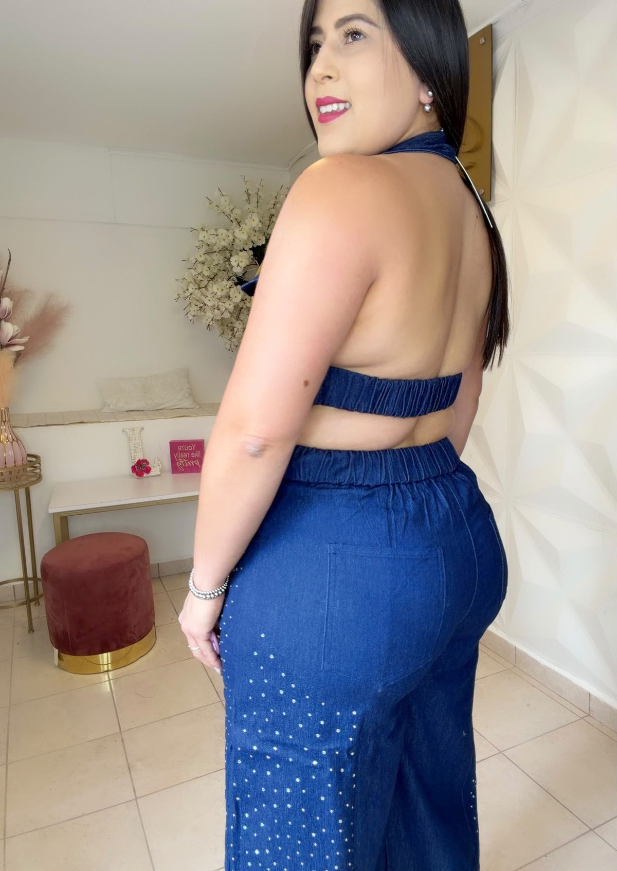 Denim Jumpsuit Details Rhinestone  Denim Blue 💙 OR Denim Black 🖤