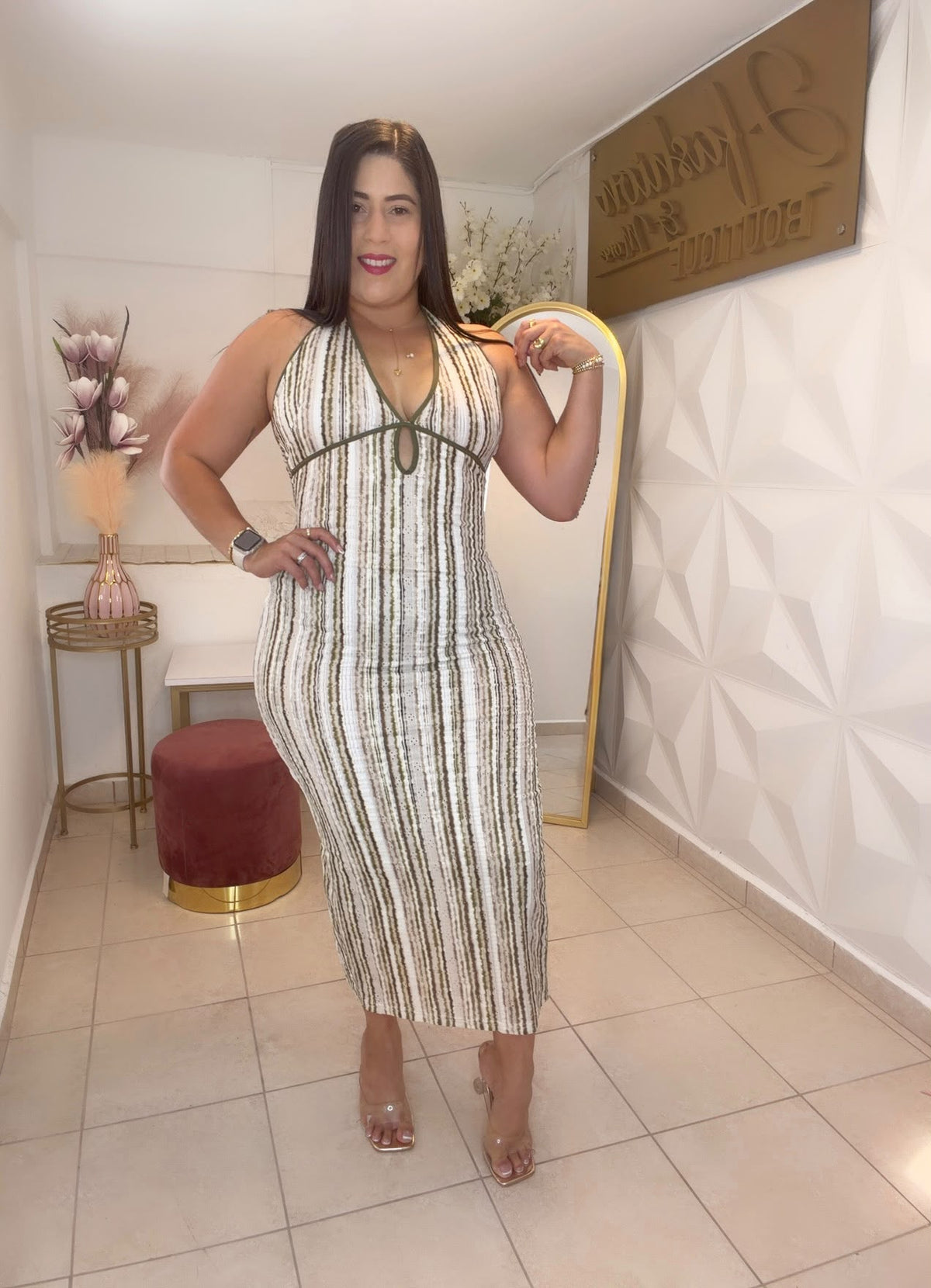 HALTER KEYHOLE TIE BACK MIDI DRESS - Olive