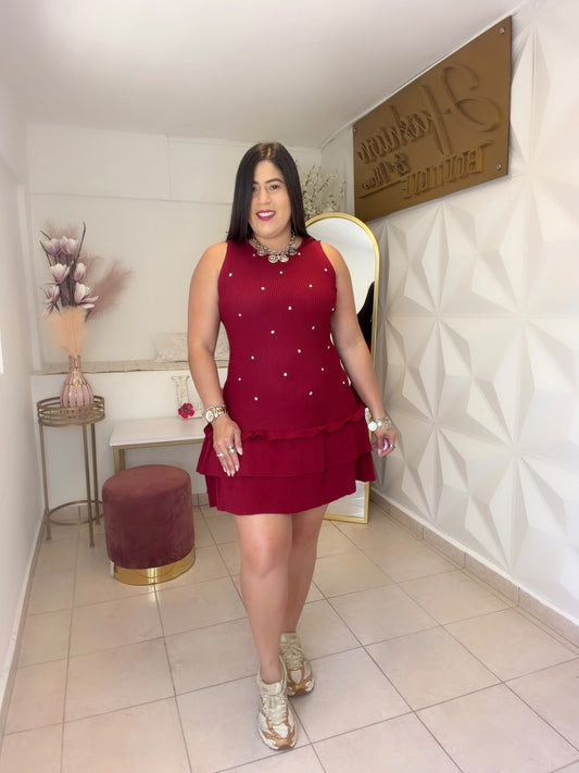 Rhinestone Ruffle Mini Dress Wine 🍷 OR Black 🖤