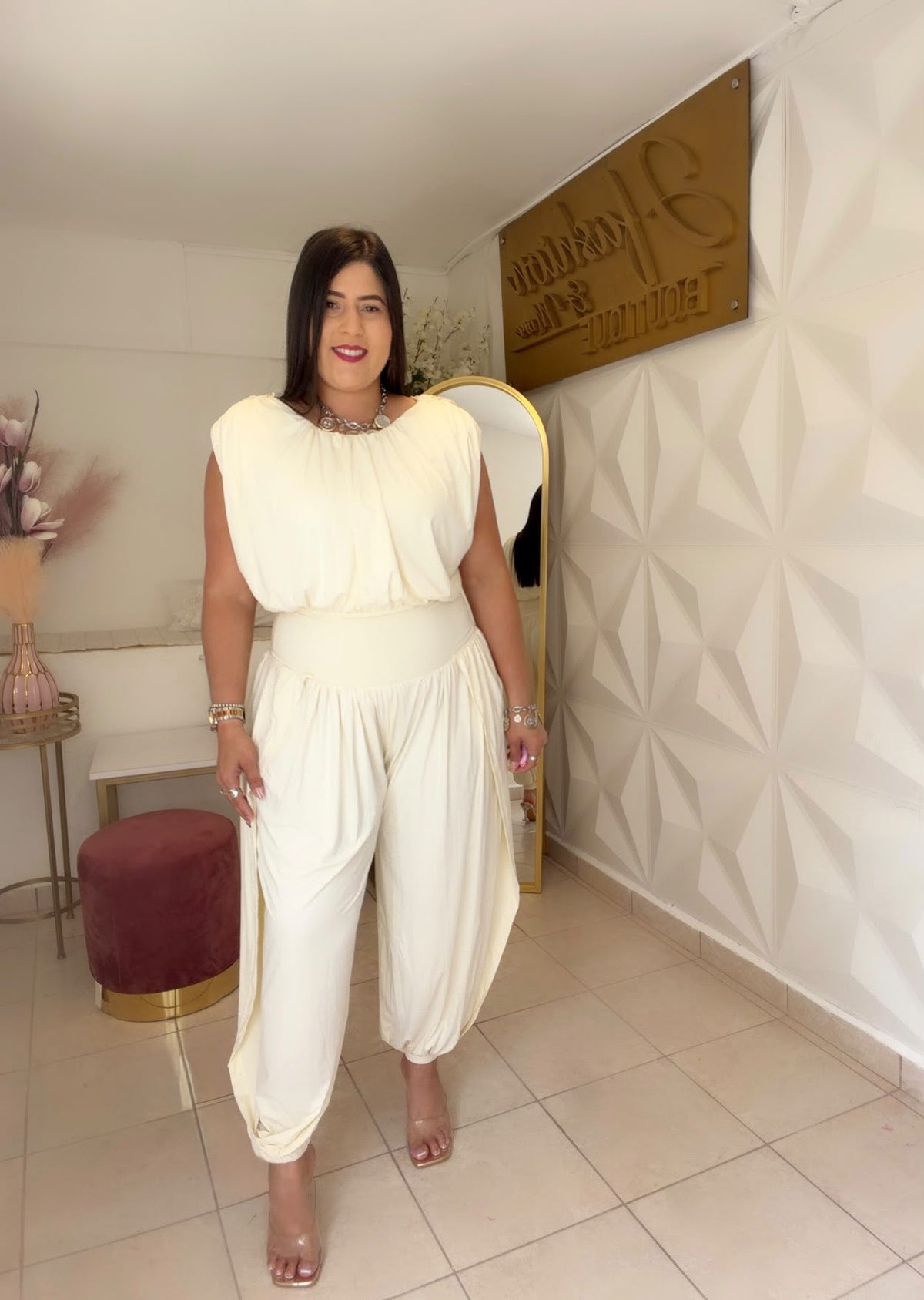 SHOULDER PAD HAREM JUMPSUIT Ivory