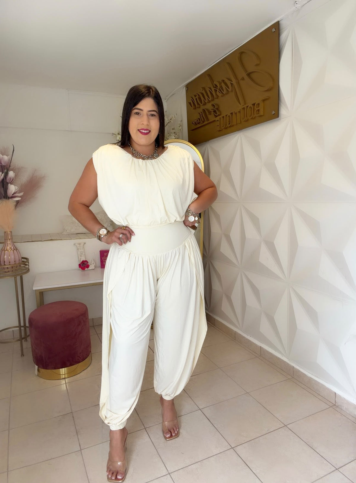 SHOULDER PAD HAREM JUMPSUIT Ivory