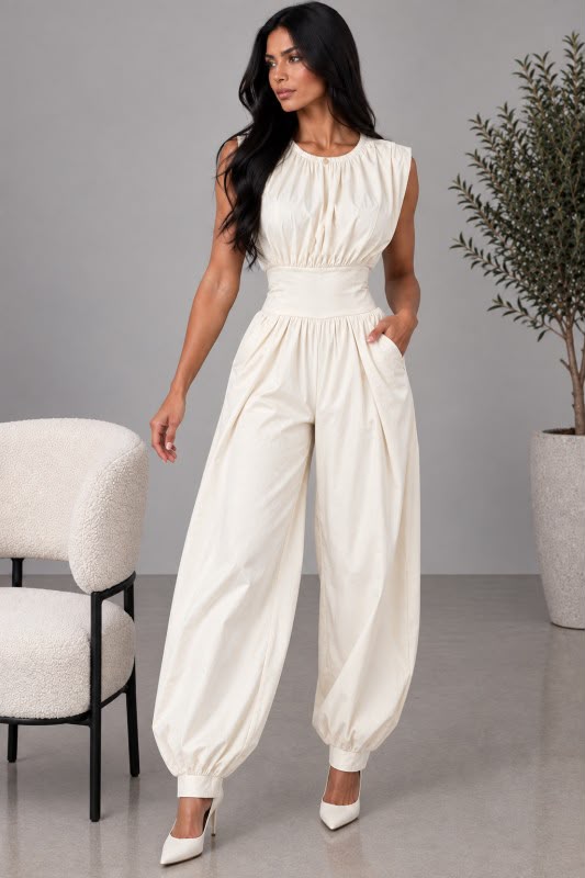 SHOULDER PAD HAREM JUMPSUIT Ivory