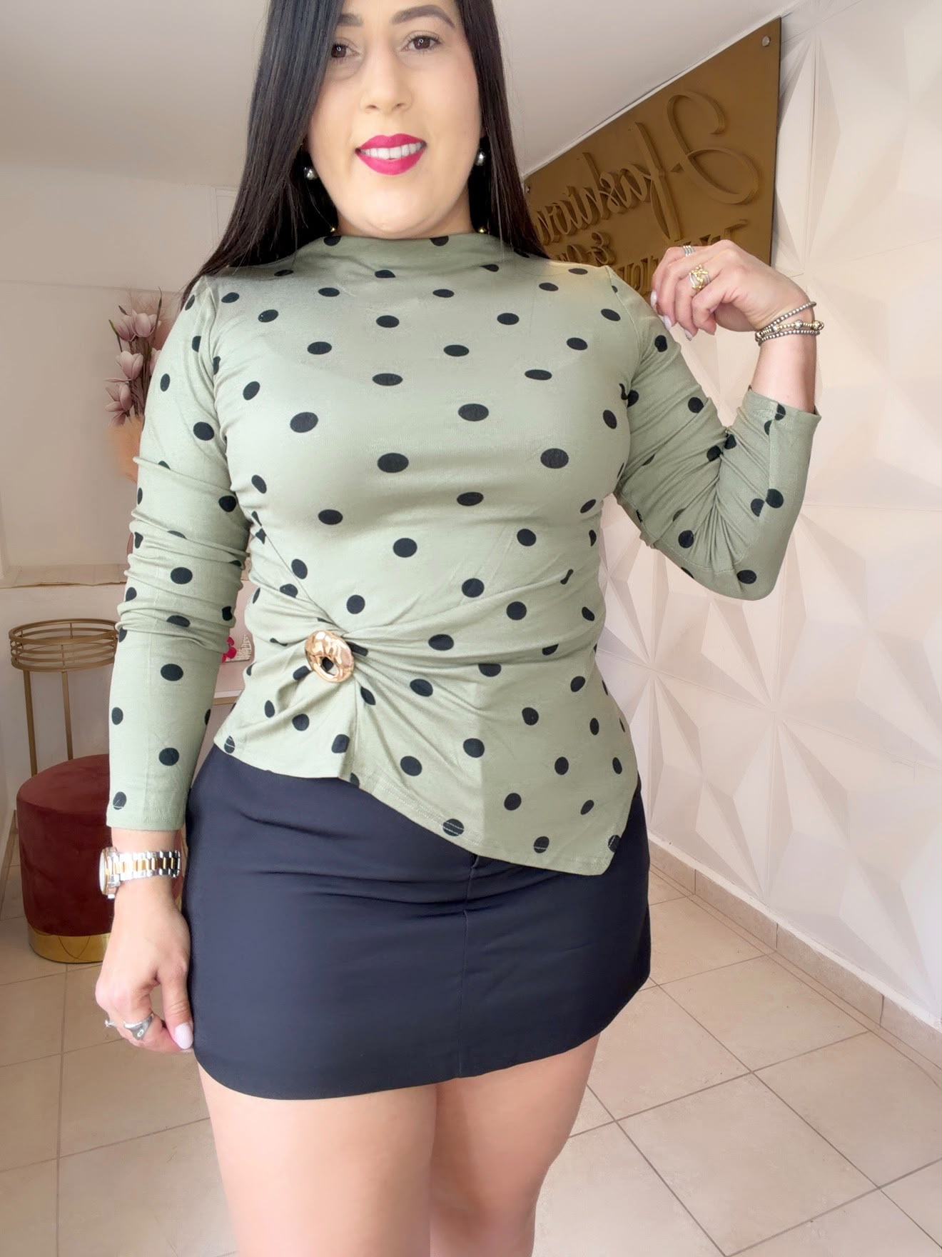 Top Olive Polka Dots Black