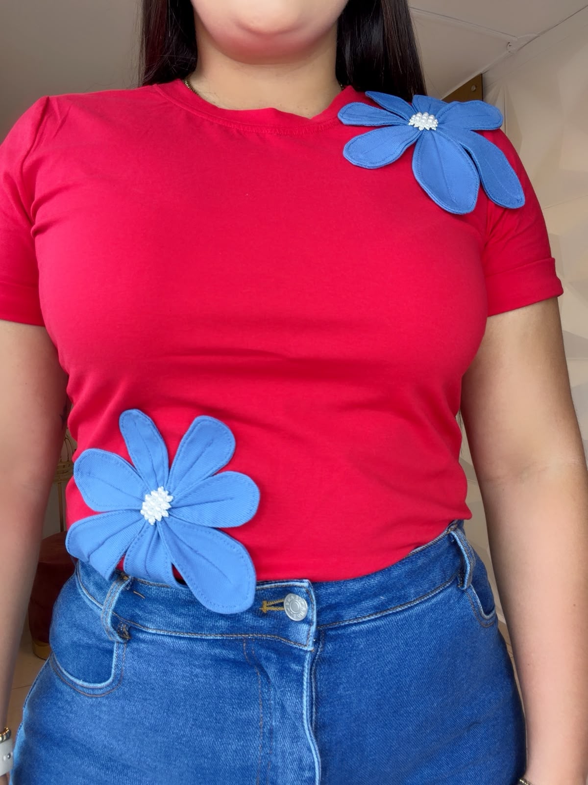 Blouse red and denim details