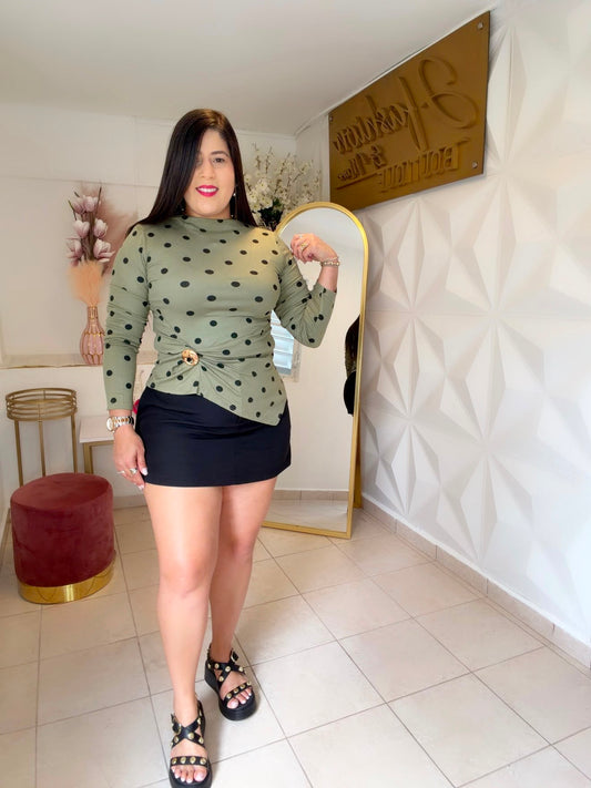 Top Olive Polka Dots Black