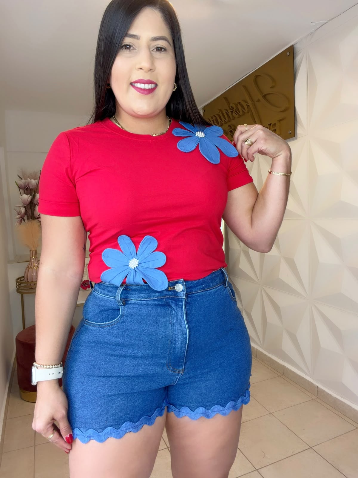 Blouse red and denim details
