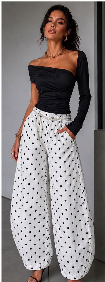White Barrel Pants Polka Dots