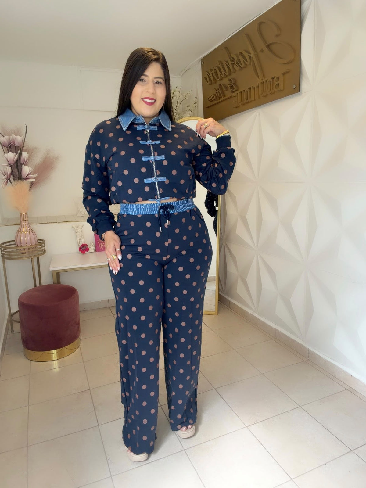 Travel Set Polka Dots Details Denim in TWO Color  Navy 🔹OR   Burgundy  🍷