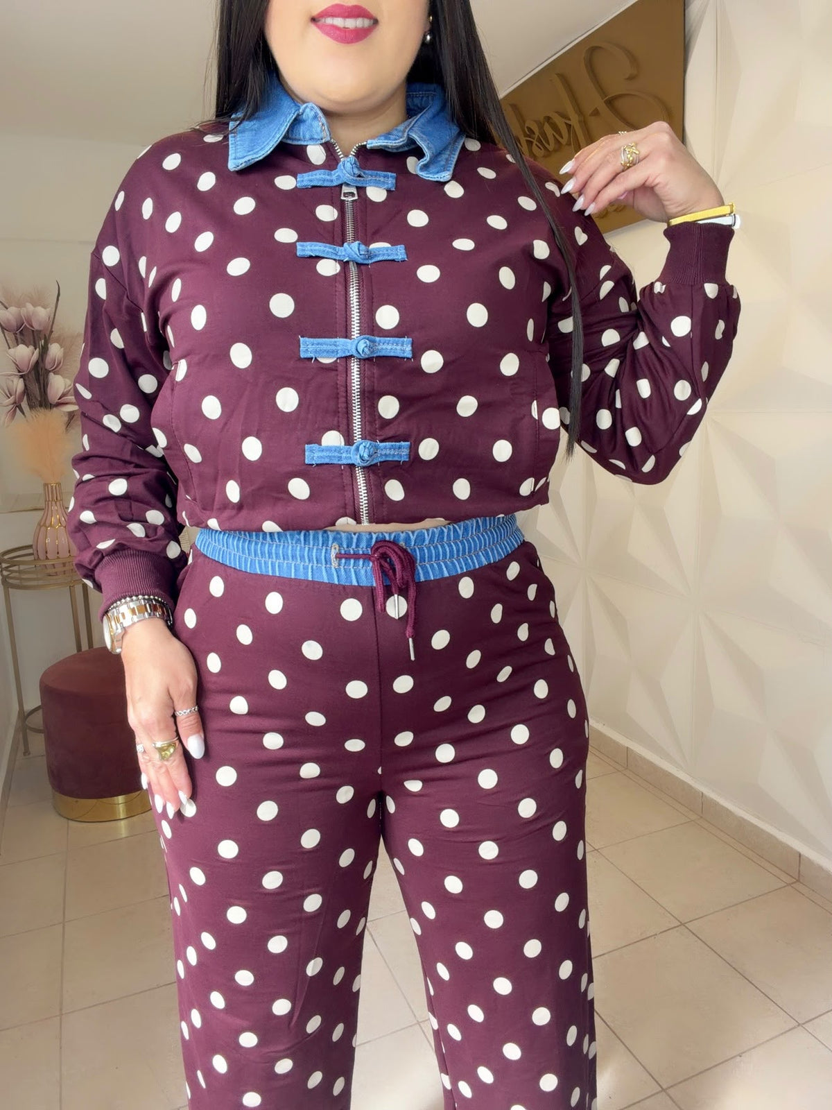Travel Set Polka Dots Details Denim in TWO Color  Navy 🔹OR   Burgundy  🍷