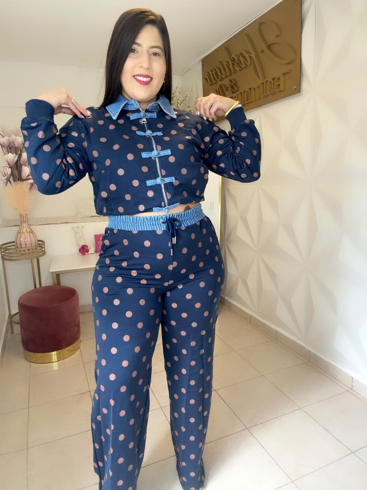Travel Set Polka Dots Details Denim in TWO Color  Navy 🔹OR   Burgundy  🍷