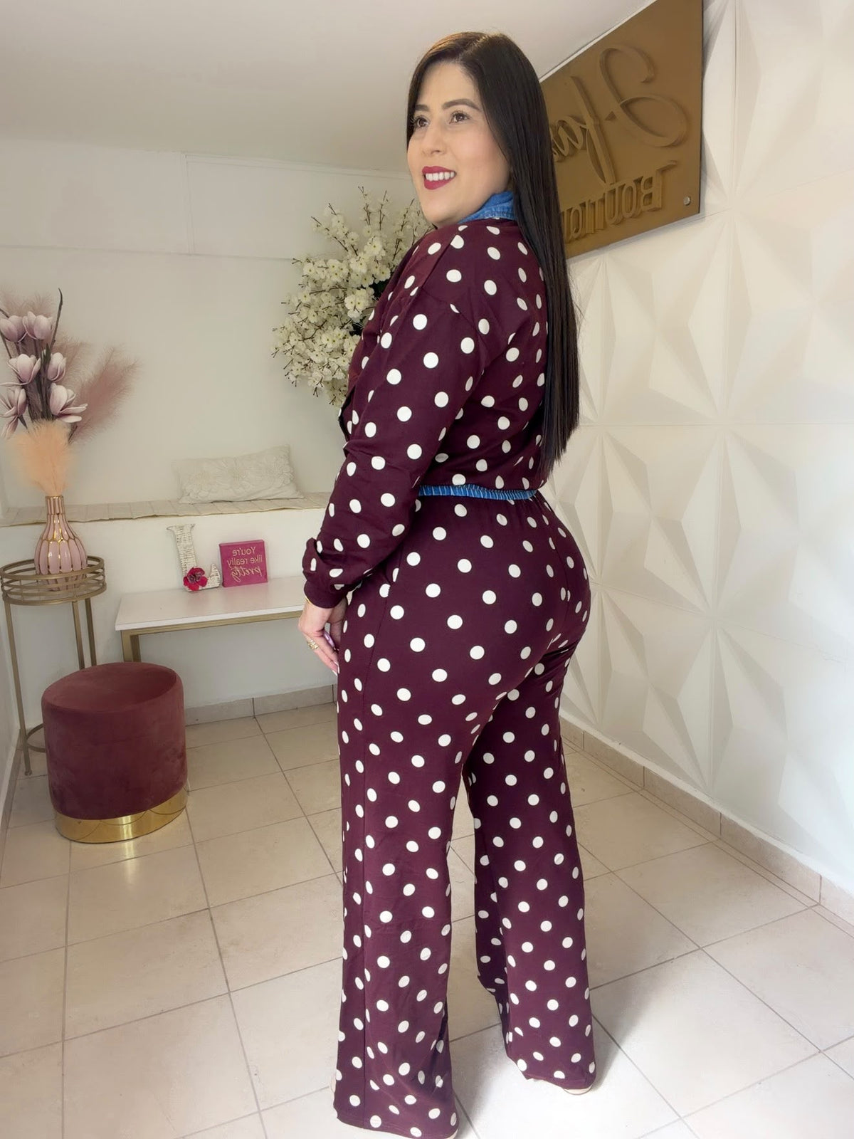 Travel Set Polka Dots Details Denim in TWO Color  Navy 🔹OR   Burgundy  🍷