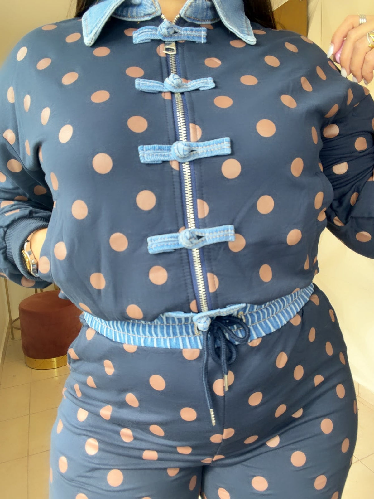 Travel Set Polka Dots Details Denim in TWO Color  Navy 🔹OR   Burgundy  🍷