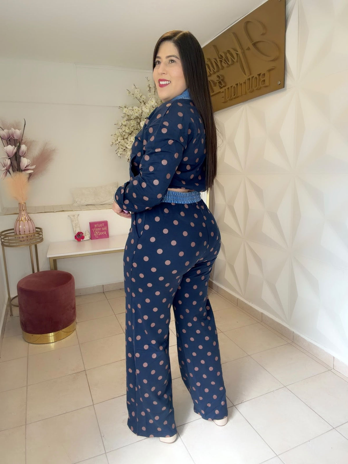 Travel Set Polka Dots Details Denim in TWO Color  Navy 🔹OR   Burgundy  🍷