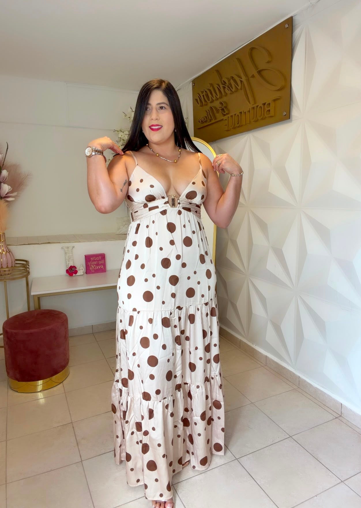 Dress Cream Polka Dots color brown